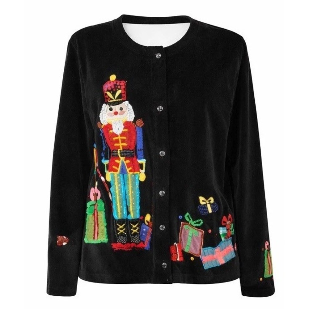 Vintage 90s Michael Simon Womens Nutcracker Sweater Black Sequins Novelty Knit